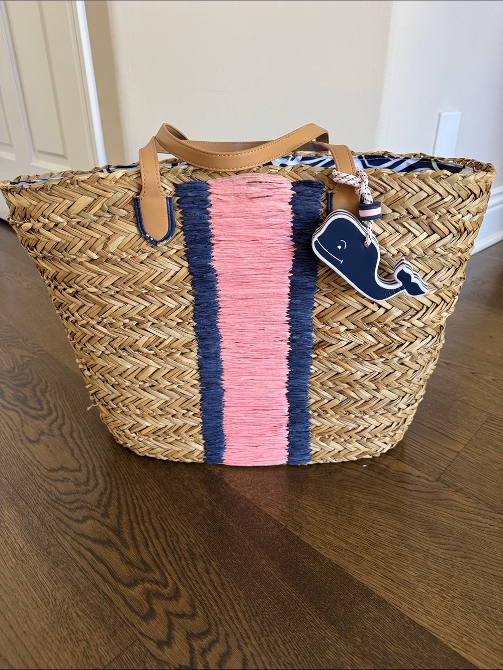 Vineyard Vines x Target Whale Charm Straw Tote Bag with Pink and Navy Accent